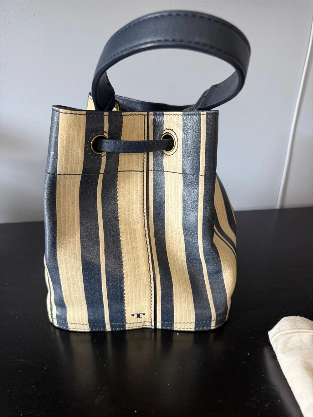 Tory Burch Navy and Cream Striped Bucket Crossbody